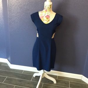 Blue and cream lace open back dress